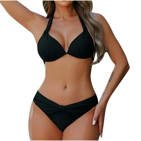 Aobny Fancy Swimsuit Sets for Women s 2 Piece Black Push Up Swim Sets Hipster Halter Bikinis Fashion Tops L