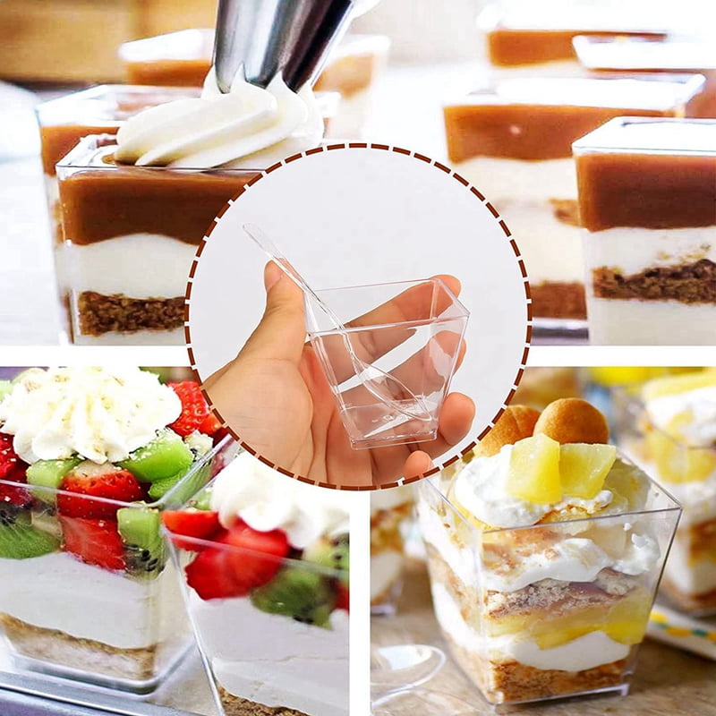 Pack of 200 Dessert Cups with Spoons, 60Ml Dessert Bowls Set, DIY Plastic Dessert Cups, Reusable Trapezoid Cups Set