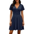 thumbnail image 4 of MaFYtyTPR Women Summer V-Neck Dress Casual Solid Color Short Sleeve Ruffled Loose Fit Mini Dress Womens Beach Flutter Sleeve Dresses A-Navy XXL, 4 of 6