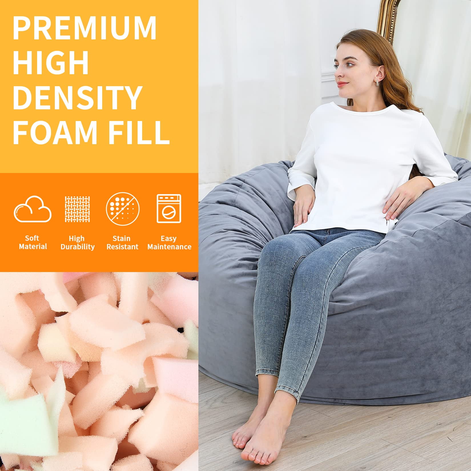 4 Foot Bean Bag Chair, Memory Foam Big Bean Bag  with Filling for Adults Teens and Kids, Big Soft Sofa with Fluffy Removable Microfiber Cover for Living Room, Bedroom