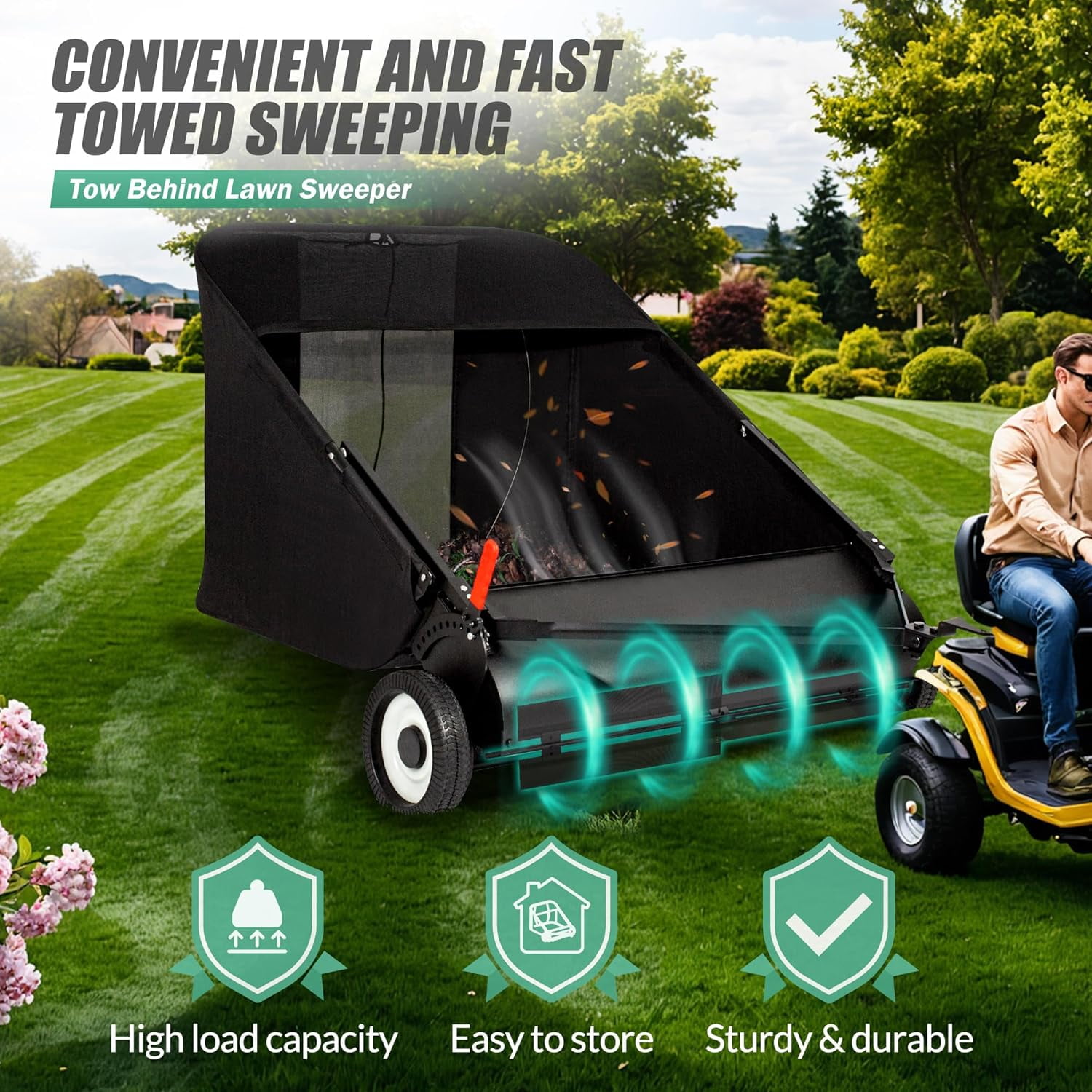 Suchtale 42-inch Tow Lawn Sweeper for Leaves & Grass Upgrade, 21cu. Ft. Leaf Collector with Large Capacity, Adjustable Sweeping Height for Yard, Lawn, Farm, Sidewalk,Yard Sweeper