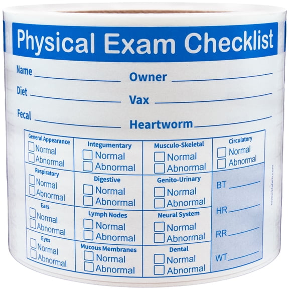 Pet Physical Exam Checklist Veterinarian Labels | 3″ x 4″ - 500 Pack