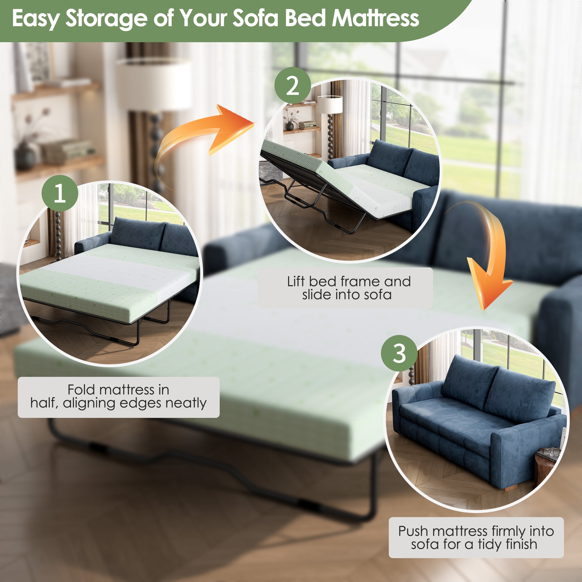 4 Inch Green Tea Gel Memory Foam Mattress, Queen Size, Foldable Replacement Mattress for Pull Out Sofa Bed, RV, Boat, Guest Bed, Removable Washable Cover, CertiPUR-US Certified,(Sofa Not Included)