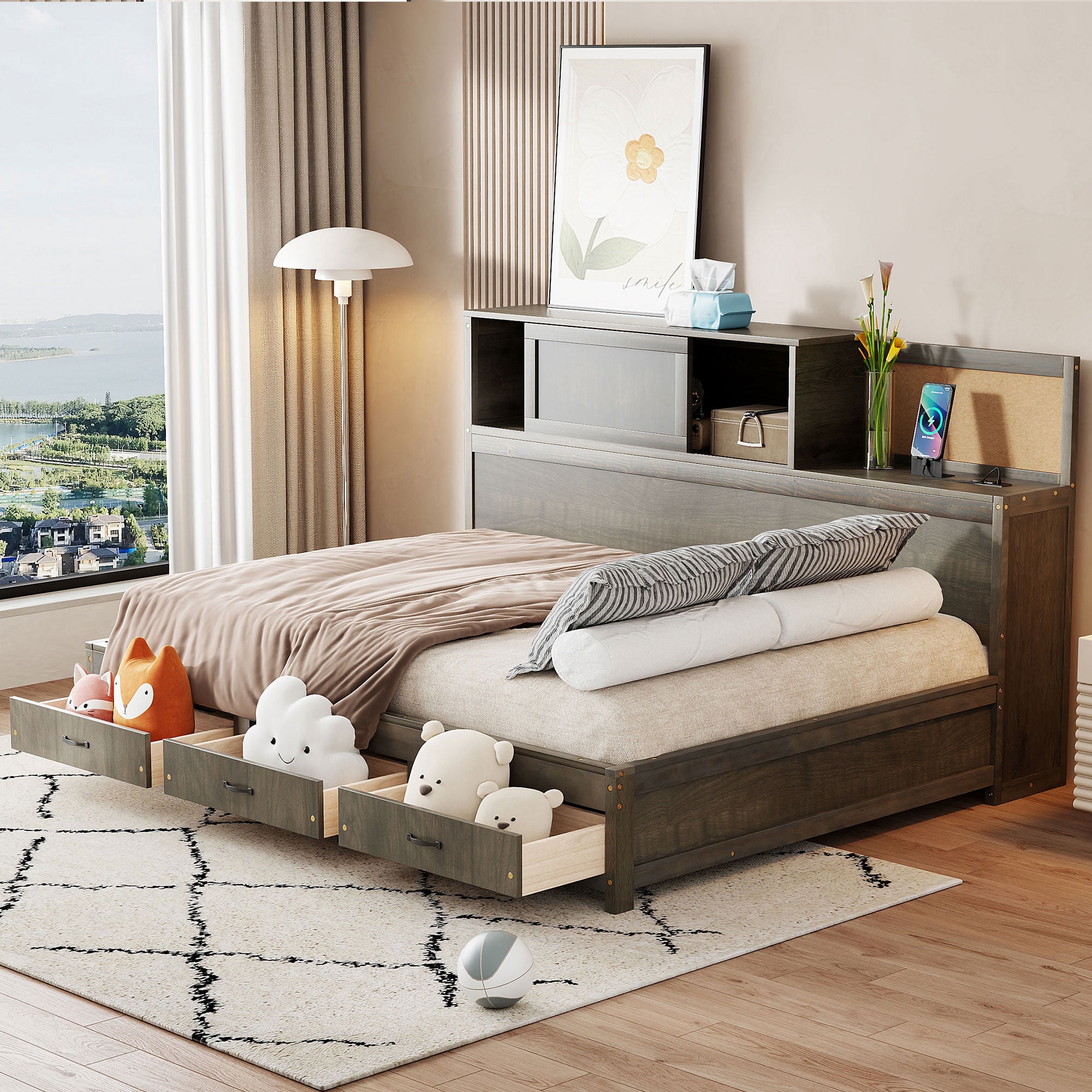 Sailvan Full Size Wooden Daybed with 3 Storage Drawers, Upper Soft Board, Shelf, Set of Sockets
