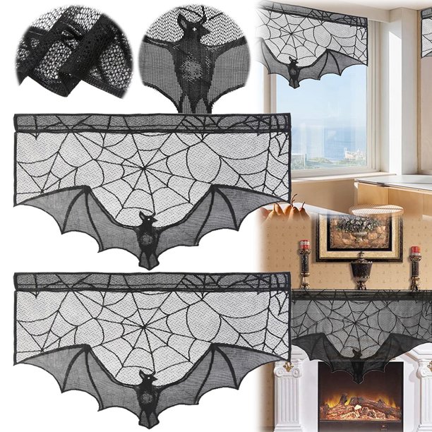 ¡Oferta especial de Halloween en Meiiso Store! Cortinas de encaje negro de Halloween, 2 unidades, con diseño de murciélago, para ventana, mantel, cortina de ducha, repisa para chimenea, bufanda,