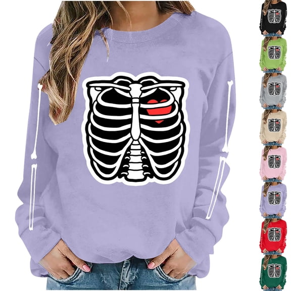 Halloween Skeleton Printed Sweatshirt For Women Fall Fleece Lined Crewneck Long Sleeve Pullover Tops S-XXL