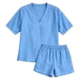 thumbnail image 5 of Costeam Womens 2 Piece Linen Blend Co Ord Set V Neck Short Sleeve Top and Elastic Waist Shorts Casual Summer Matching Outfit with Side Pockets, 5 of 8