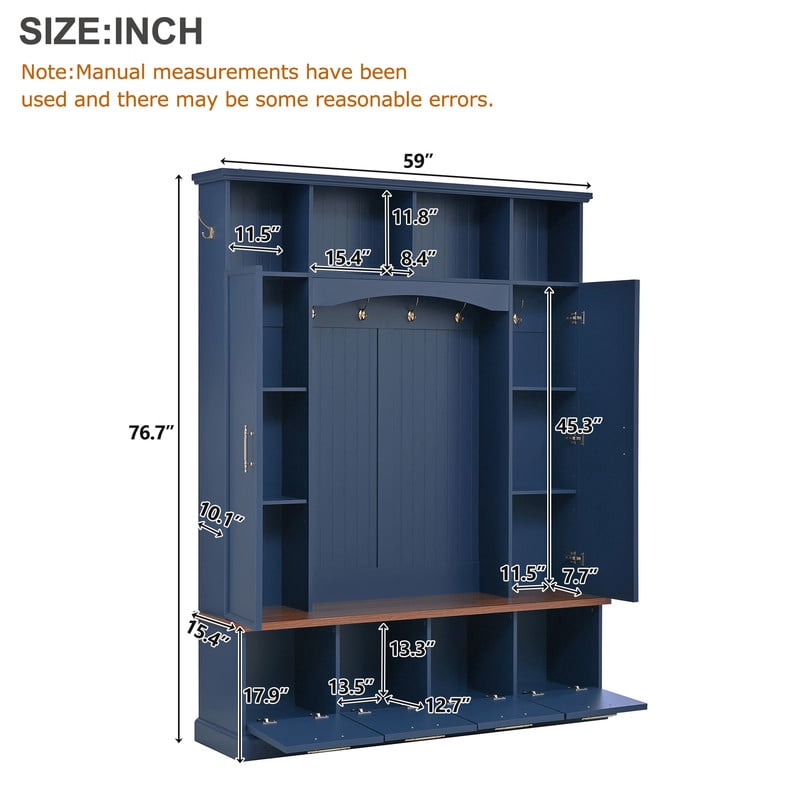 76.7''H Tall Hall Tree with Golden Hooks & Handles, Entryway Large Shoe Storage Bench with Cabinets & Adjustable Shelves