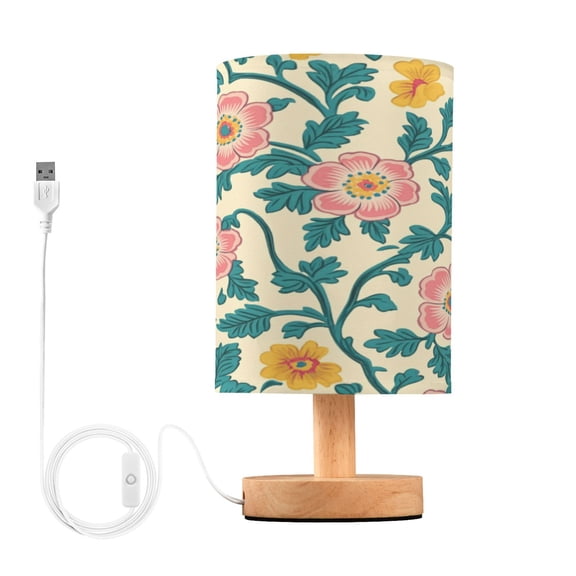 WOBOGO Pink and Turquoise Flowers Bedroom Table Lamp USB Power Connector Wooden Base Round Linen Shade For Living Room Desk