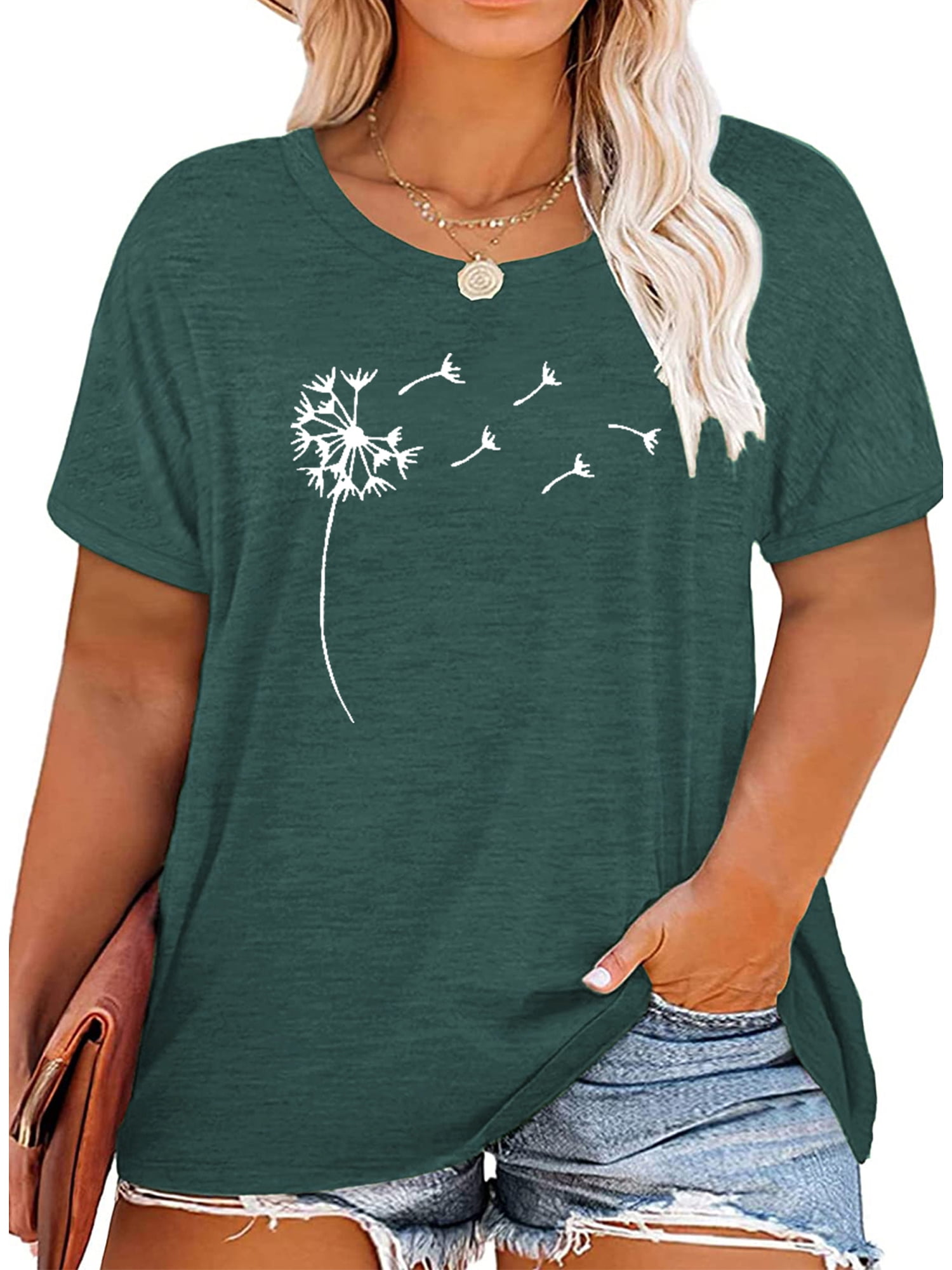 Anbech Plus Size Dandelion Shirt Women's Oversized Graphic Tshirts Crew Neck Short Sleeve Loose