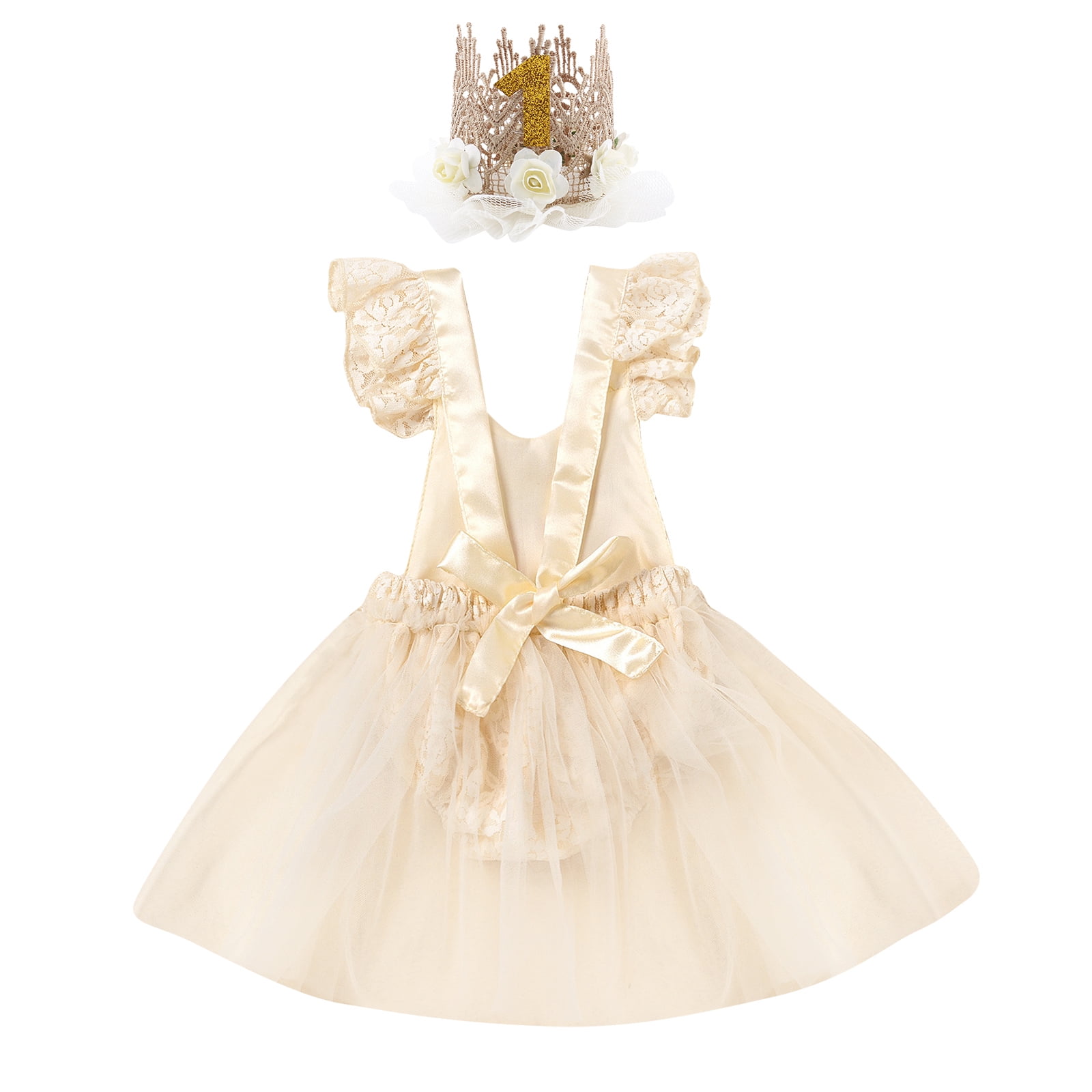 IBTOM CASTLE Baby Girl 1st Birthday Outfit Lace Tulle Romper Princess Tutu Dress Headband Shiny ONE Cake Smash Photo Shoot Clothes 12-18 Months Apricot