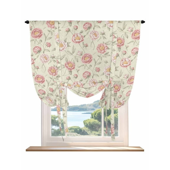 Pink Flowers Tie Up Curtains for Windows 45 Inch Length Balloon Curtains Kitchen Adjustable Balloon Window Shade Farmhouse Botanical Floral Leaves Plants Tie Up Bathroom Curtain Window 52"x45"