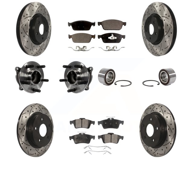 Transit Auto Front Rear Hub Bearings Assembly Coated Disc Brake Rotors and Ceramic Pads Kit (10Pc) for Car 2013 Ford Focus ST Without Active Park Assist - Left Right Side (Driver Passenger) KBB-107568