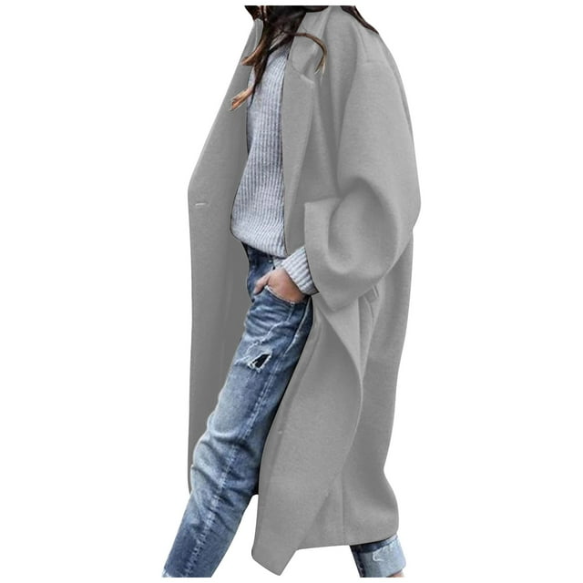 Htigea Plus Size Coats for Women Fall Button Open Front Trench Overcoat Casual Loose Fit Long Coat Gray M