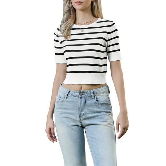 INSPIRE CHIC Striped Top for Women Short Sleeve Sweater Crew Neck Lightweight Stretch Casual Knit Tops XS Black Striped