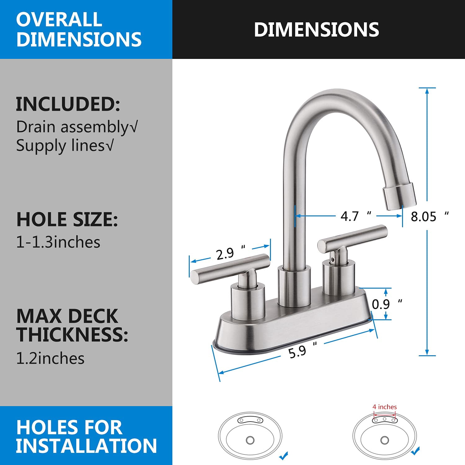 Mikhai Bathroom Faucets 3 Hole,  4 inch Bathroom Faucet 3 Hole Matte White with Pop-up Drain and 2 Supply Hoses, Stainless Steel Lead-Free 2-Handle Center set Faucet for Sink Vanity