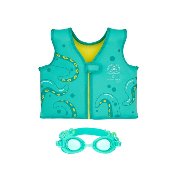 Coconut Grove by Sunnylife -Kids, Unisex Swim Float Vest & Goggles Set Oscar the Octopus, Green-Age 2-3 Years