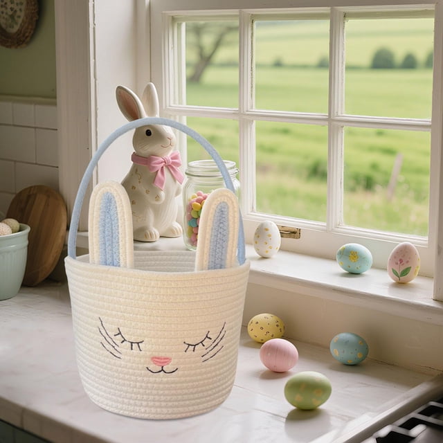twisto Easter Woven Basket Bunny Ear Decorative Multipurpose Candy Storage Basket with Handle Soft Rope Material Portable Organizer Suitable for Easter Celebrations Family Blue and White