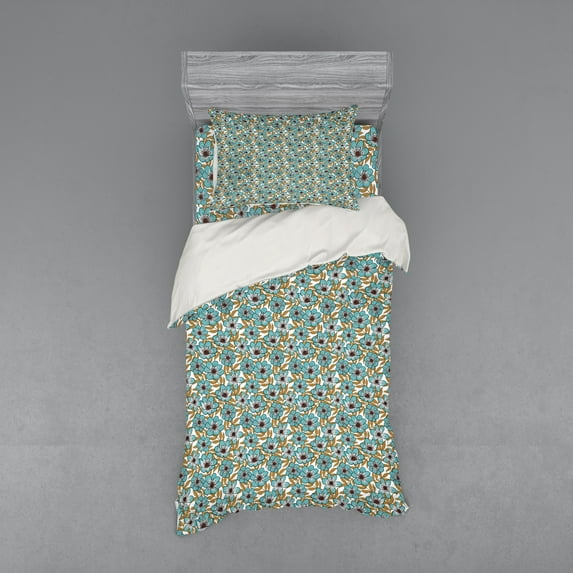 Floral Duvet Cover Set, Continuous Flowers Pattern Vintage Look Calm Tones Illustration, Bedding Set with Shams and Fitted Sheet, 3 Sizes, by Ambesonne