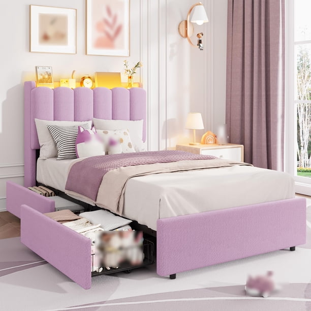 QinaQin Base de cama individual con luces LED, 2 cajones y cabecera ondulada, cama tapizada con almacenamiento ideal para niñas y habitaciones juveniles, sin box spring