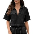 thumbnail image 2 of ClodeEU Women's Collared V Neck Denim Crop Tops,Cropped Button Down Denim Shirt,Casual Short Sleeve Jean Tops with Pockets Black,Womens Plus XL, 2 of 8