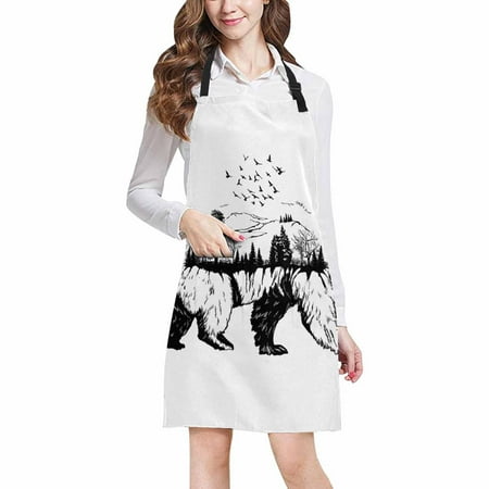 

ASHLEIGH Wildlife Concept Hand Drawn Bear Chef Aprons Professional Kitchen Chef Bib Apron with Pockets Adjustable Neck Strap