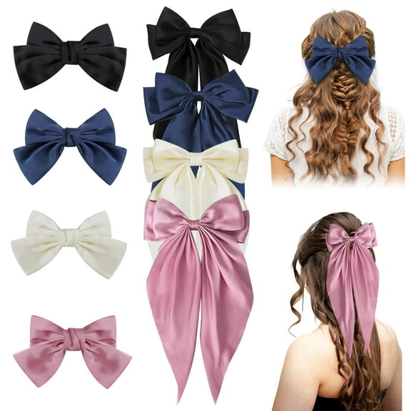 8 PCS Hair Bows for Women, Silky Satin Hair Bows with Long Tails, Cute Ribbon Bow Hair Clips for Girls, Large Hair Barrettes Metal Clips Hair Accessories Gifts