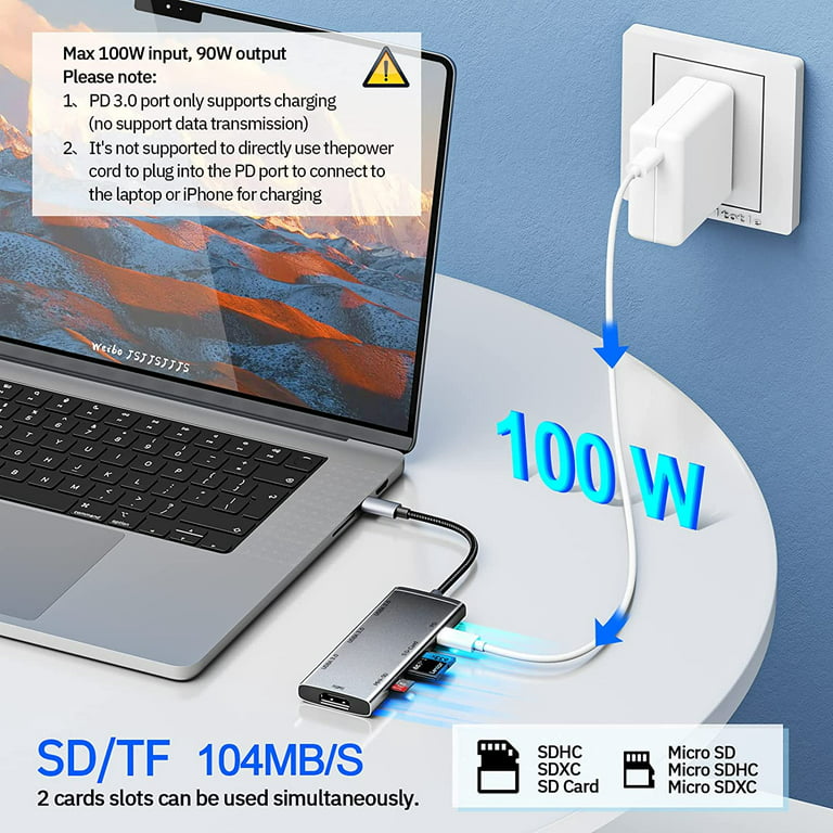 USB C Hub, USB C Adapter MacBook Pro/Air Ipad Pro Adapter, 6 in 1 with 4K  HDMI Output, Compatible for Laptop, Surface Pro 8 and Other Type C Devices