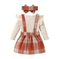 thumbnail image 3 of Gyratedream Toddler Baby Girl Fall Winter Clothes Ruffle Shoulder Long Sleeve Rompers Button Plaid Overall Skirts Headband Outfits, 3 of 12