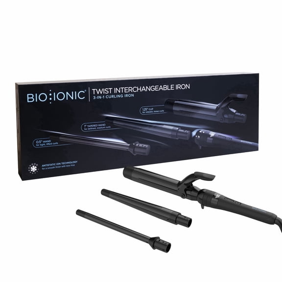 Bio Ionic Twist 3-in-1 Long Professional Interchangeable Barrels Hair Multi-Functional Iron, Ionic Technology, Black
