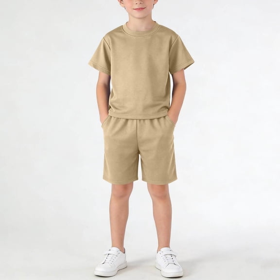 hengsof Boys Summer Outfits 1-14 Years Quick Dry Moisture Wicking Shirts and Solid Color Round Neck Stretch Short Sleeve Shorts 2 Piece Outfits