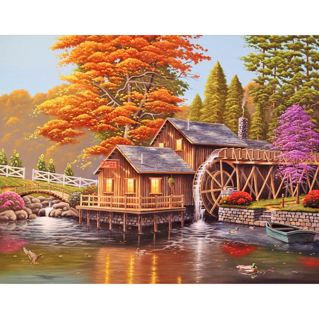 Taladro Pintura Diamante (DE1856) 5D Casa de madera Rueda hidráulica DIY Imagen completa Kit redondo 40x50cm Hugtrwg Para estrenar
