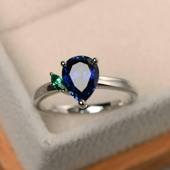 HeartsAndYou 1ct Natural Pear Blue Sapphire Ring Two Stone Solitaire 14k SOLID White Gold