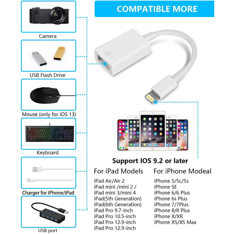 Apple Certified Lightning Male to USB Female Adapter OTG and Charger Cable  for iPhone 11 12 Mini max pro xs xr x se 7 8plus Ipad air A Camera Memory