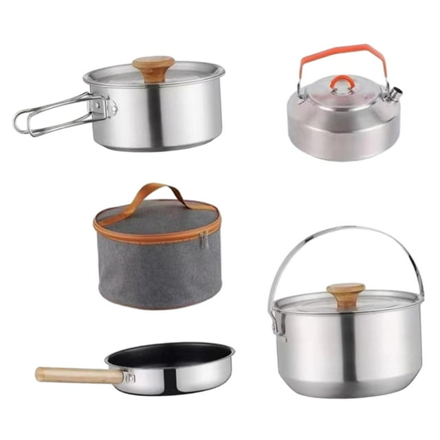Juego de Utensilios de cocina para acampar DYNWAVEMX acero inoxidable con hervidor mango de madera