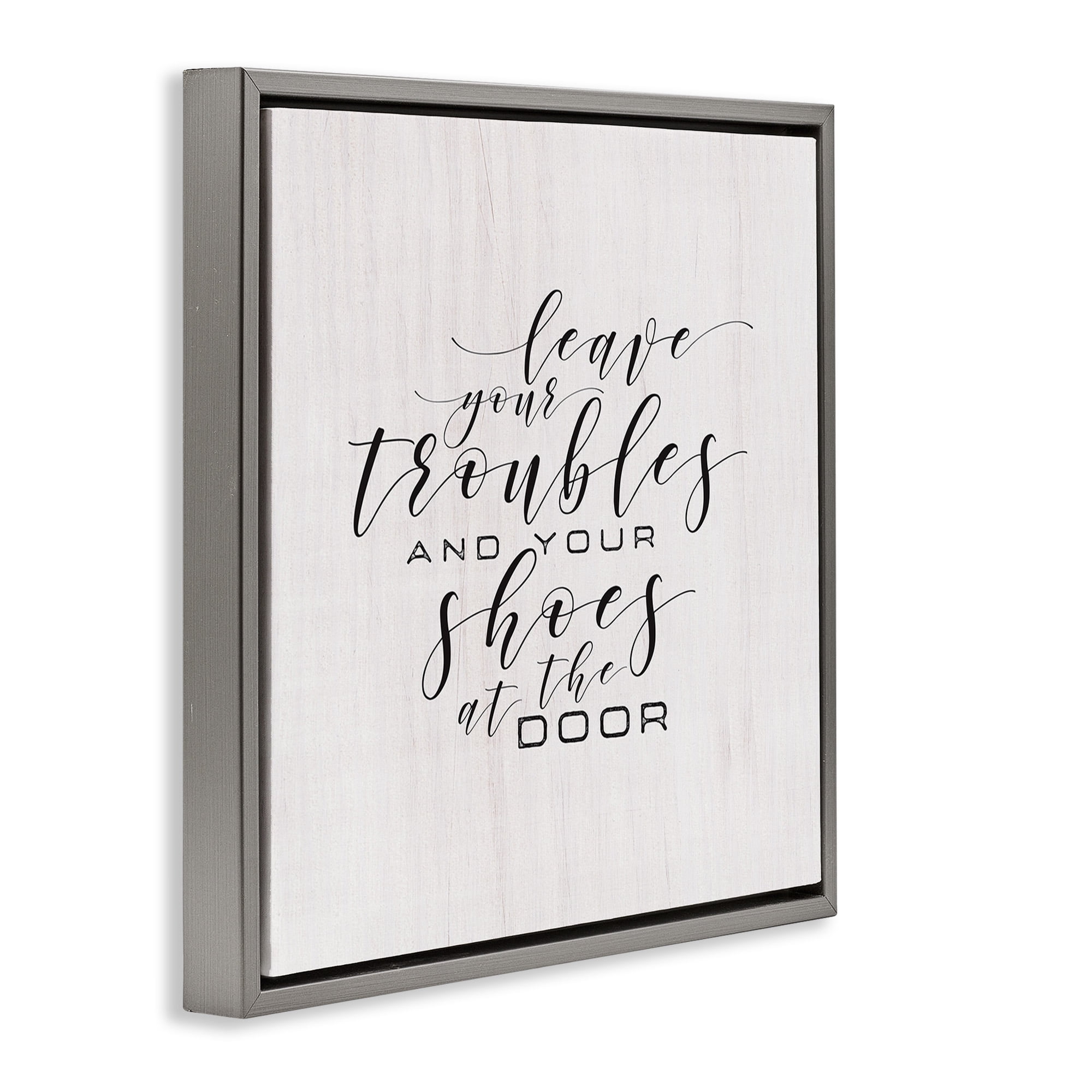 Stupell Industries Troubles & Shoes at Door Inspirational Painting Gray Floater Framed Canvas Art Print Wall Art, 18 x 18