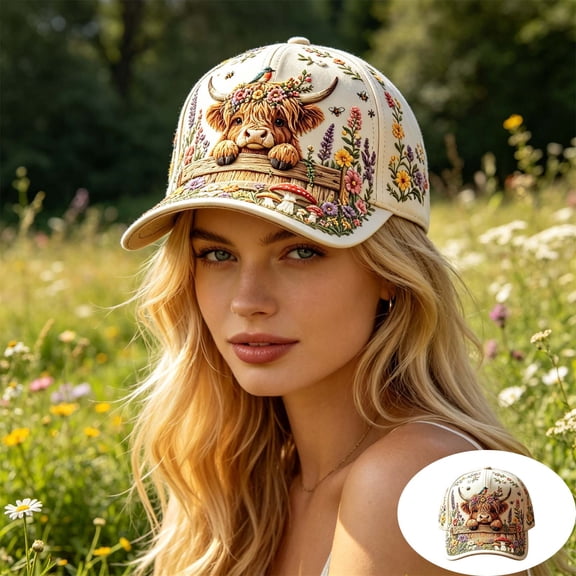 Highland Cow Floral Baseball Cap, Adjustable Farm Animal Print Hat for Casual Outdoor Wear