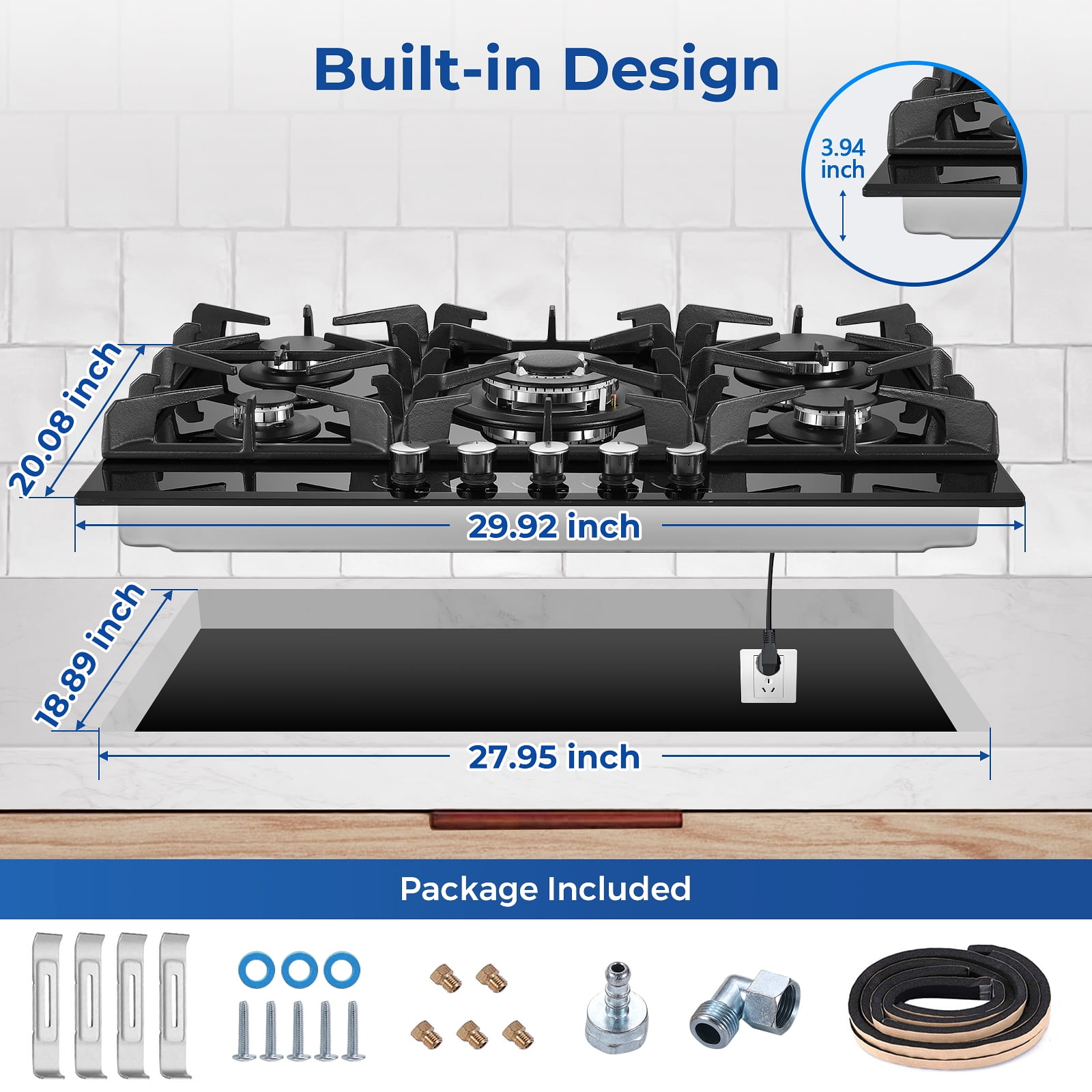 AMZGACHFKTCH 30-Inch 5-Burner Gas Stove, Built-in NG/LPG Convertible
