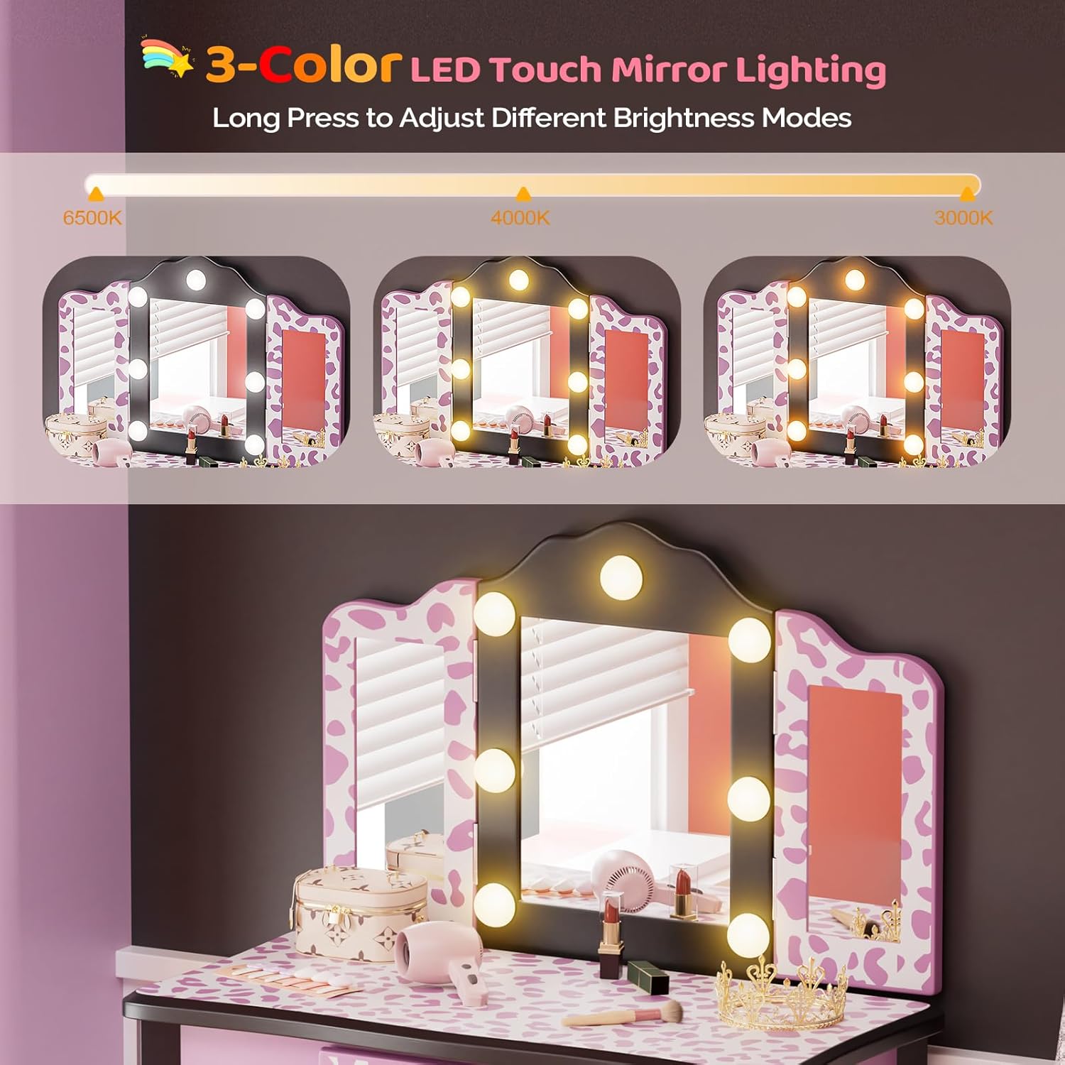 Matladin Kids Vanity Table and Chair Set with Leopard Print, Tri-Fold Mirror & Lights, Girls Vanity, Princess Makeup Desk for Girls