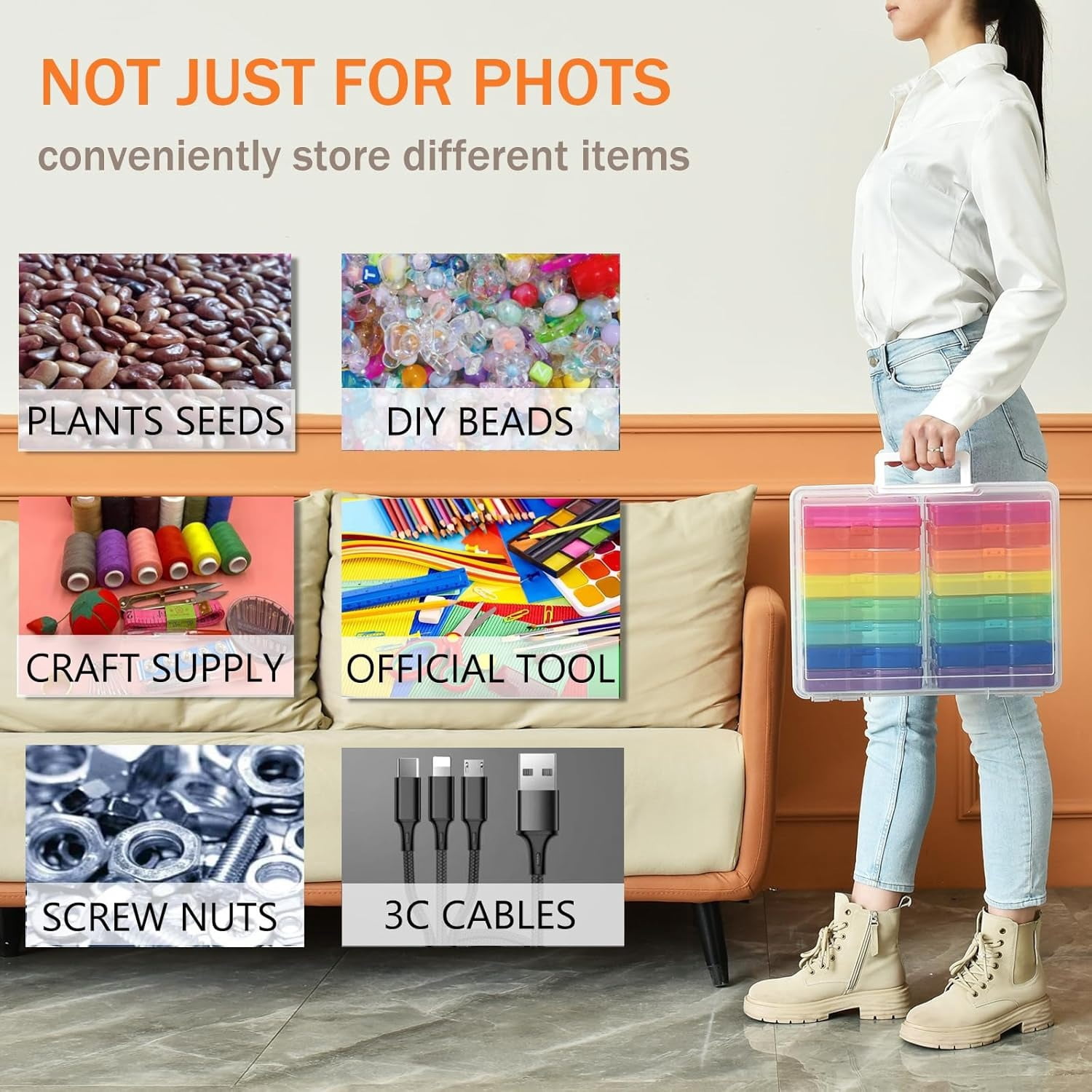 Photo Storage Box with Handle, 4" x 6" Photo Organizer Storage Container with 16 Inner Case and 1 Sheet Blank Labels for Pictures, Arts, Crafts, Sewing, Seeds, Office Supplies - Colored