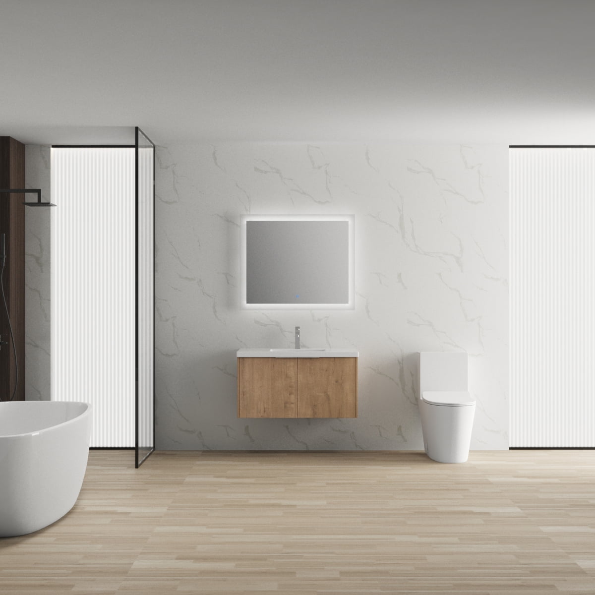 Miniyam 36'' Bathroom Vanity Sink Combo, Wall Mounted Cabinet Set w/White Resin Basin Sink Top for Small Space, Oak