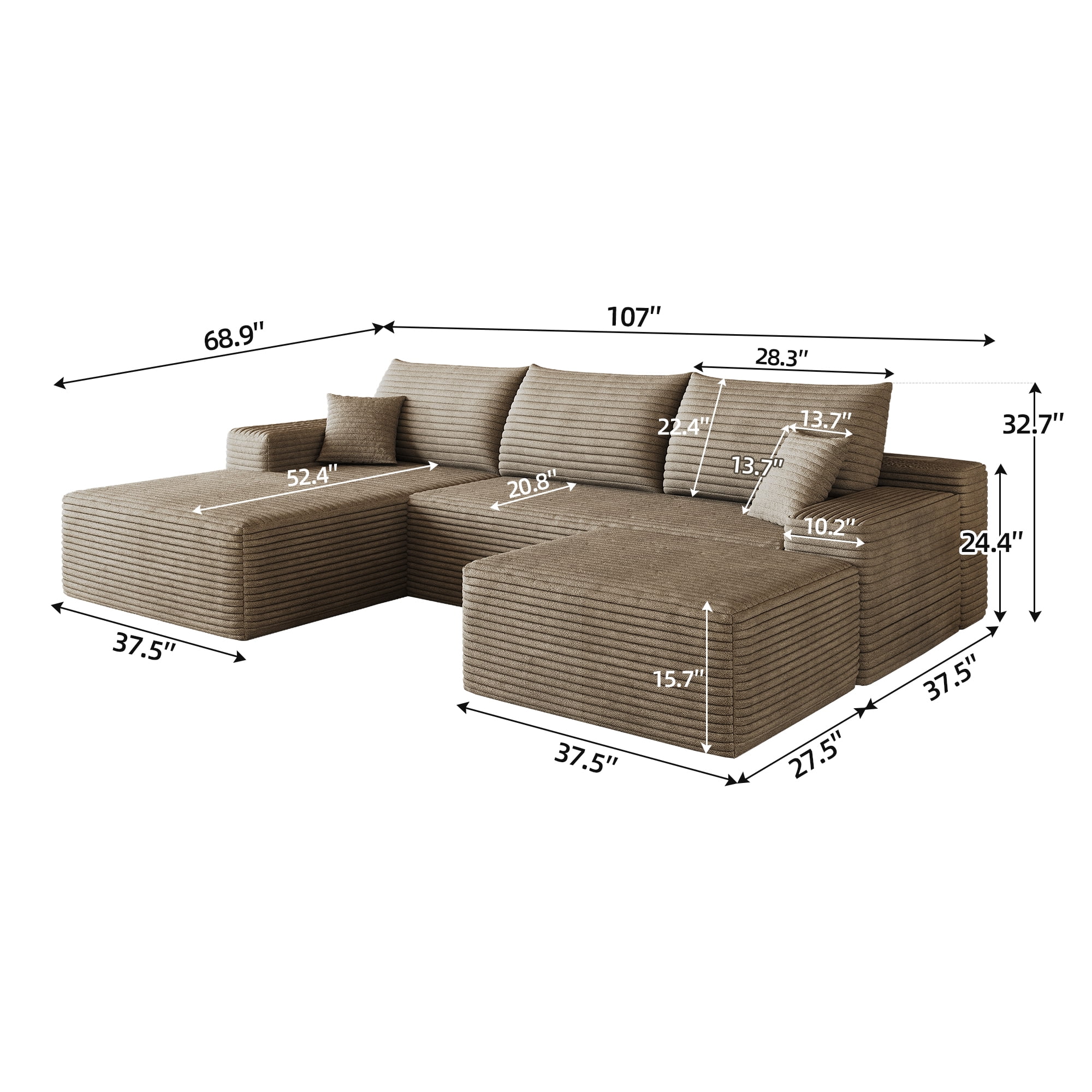 Cloud Sectional Sofa 107 Inch, U-Shaped Modular Couch with Ottoman and Corduroy Fabric, Deep Seat Corner Sofa for Living Room, No Assembly Required, Camel