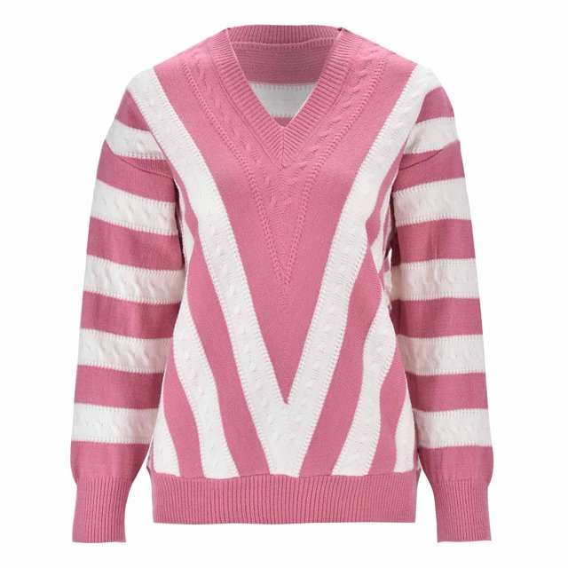 Gibobby Sueter para mujer invierno punto Suéter de contraste a con cuello en V para mujer, moda de otoño e invierno, informal de punto superior e inferior(Rosa caliente,Talla única)