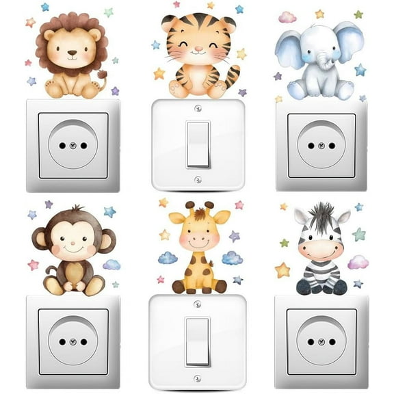 6Pcs Cute Cartoon Light Switch Stickers 7x7 Inch Lion Elephant Giraffe Tiger Zebra Monkey Wall Sticker Light Switch Decals