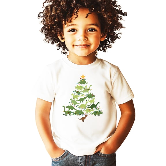 Trendy Dinosaur Christmas Tree Shirt for Kids and Adults Funny Dino Holiday Graphic Tee Natural Shirt 4T