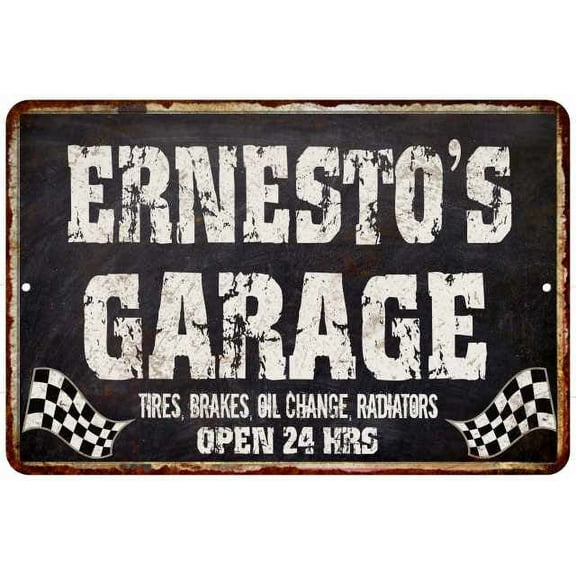ERNESTO'S Garage Black Grunge Sign 8 x 12 High Gloss Metal 208120005396