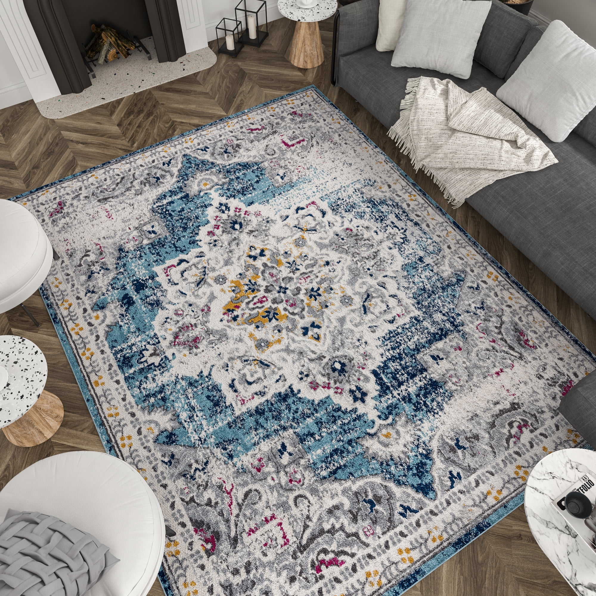 2x8 Modern Blue Runner Rugs for Hallway | Indoor Entry, Entryway, Walkway or Kitchen Rug 2'3'' x 7'3''
