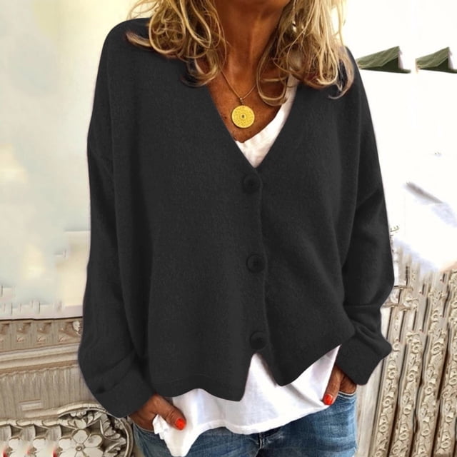 Baberdicy Women's Single Breasted Knit Cardigan, Solid Color Casual Button down Open Front Sweater , Single-Breasted Knit Cardigan, Solid Button-Front Sweater, Casual Top Black L