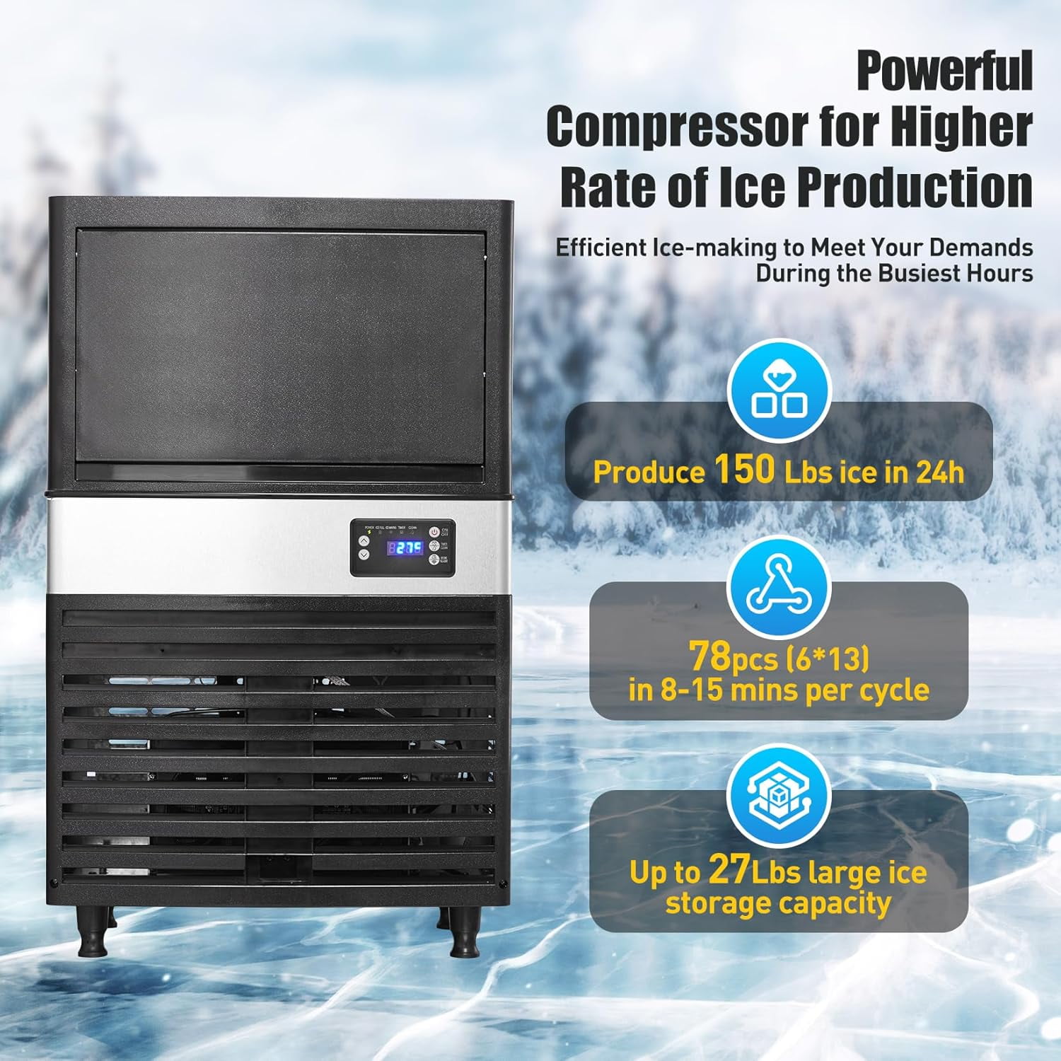 YUSAZENS 150LBS/24H 340W Commercial Ice Maker, Stainless Steel Under Counter & Freestanding Ice Machine with 27LBS Storage Bin, for Home, Bar, Restaurant, Office