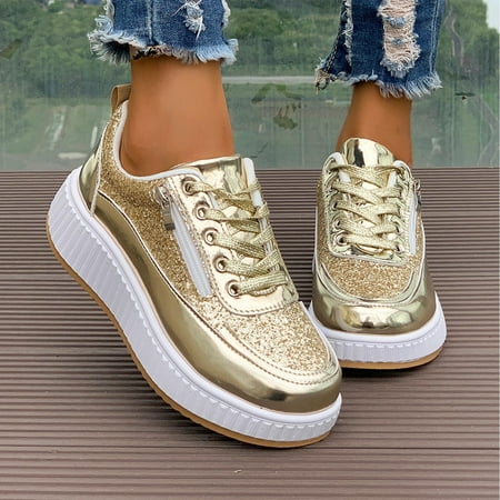 Women Sports Shoes Flats Shoes Breathable Slip on Shoes Casual Black and White Flats Comfortable Walking Shoes Gold 6.5